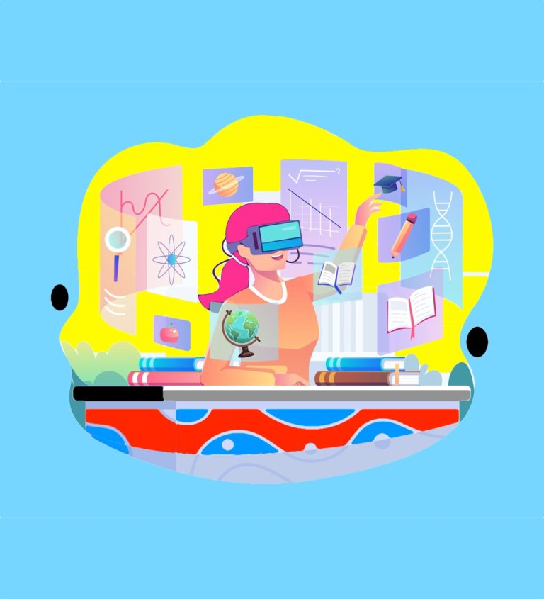 A young woman wearing a VR Headset is studying and learning at a desk. Virtual Reality Education and Online Learning concept. Flat style vector illustration